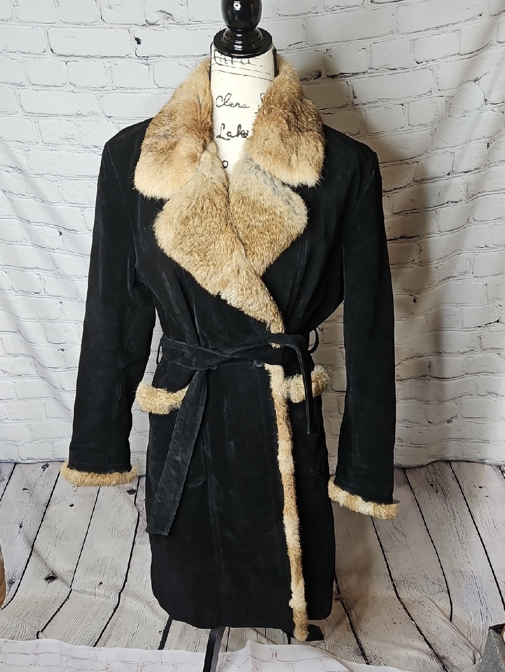 Adler Collection Black Suede Fur Trim Belted Black Jacket Size Large